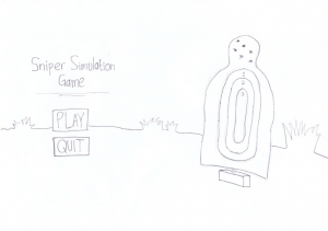 The UI sketch for the gameplay. There will be HUD to help the player calculate the shot & to show the number of bullets shot. The completion UI is going to be similar to this, but the whole view is blurred while there will be a completion message along with the final number of bullets shot.